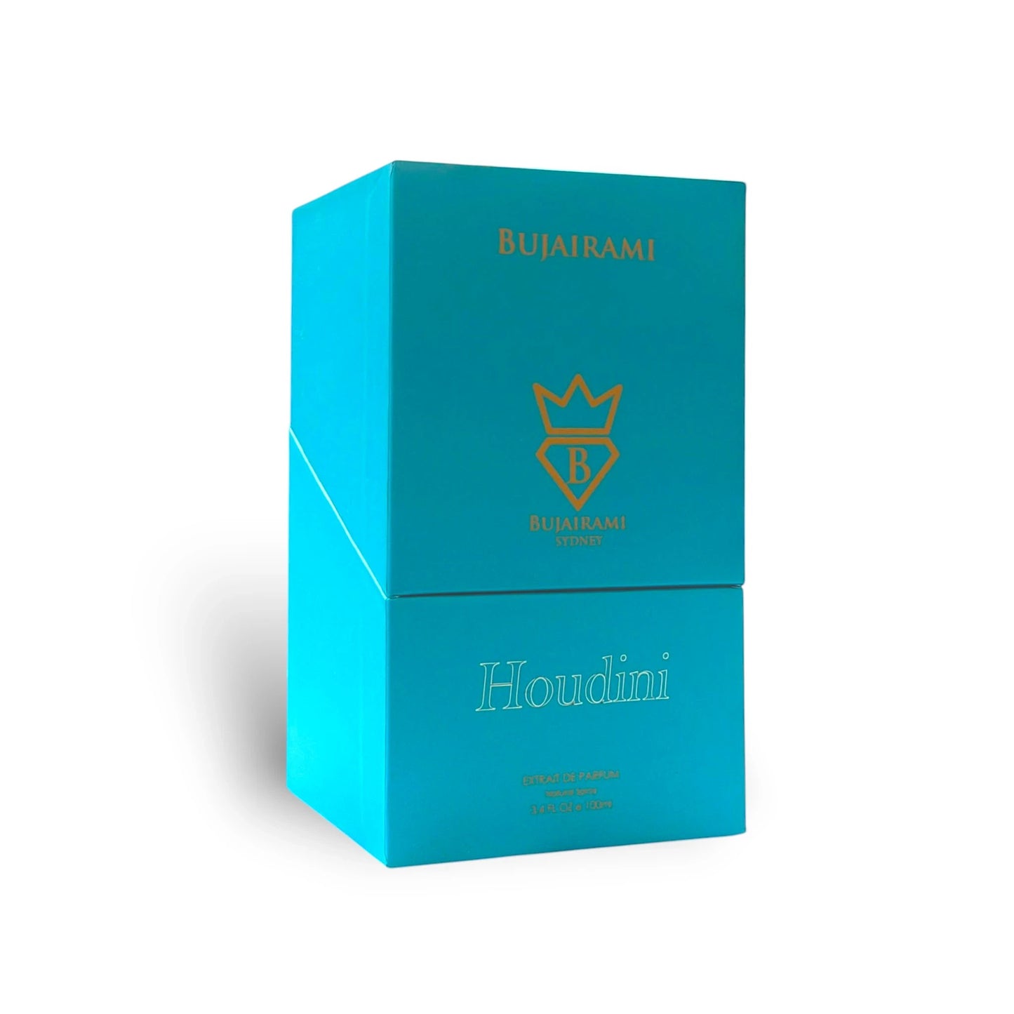 Soghaat Bujairami Houdini 100ml Extrait de Parfum in a vibrant turquoise box with gold branding for men.