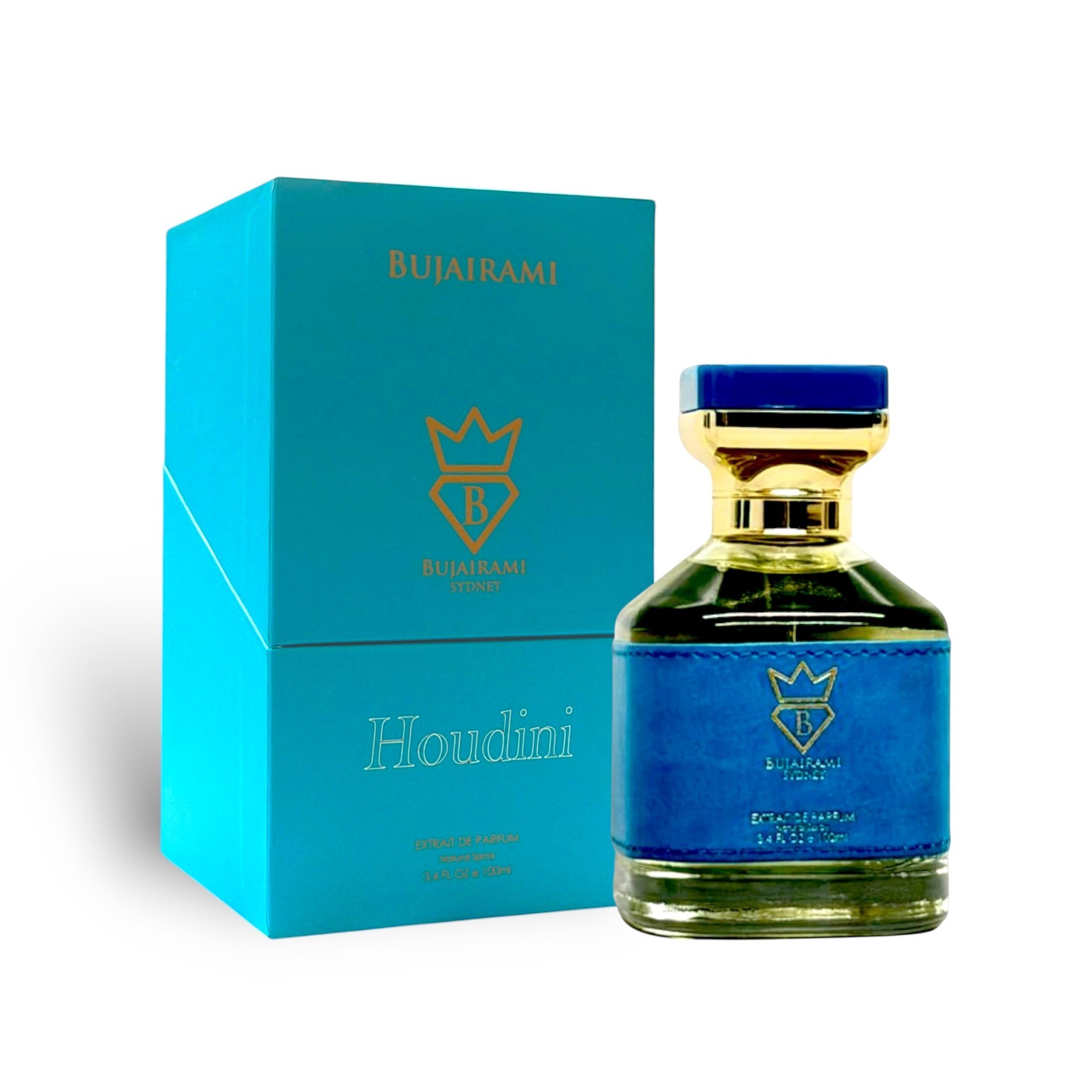 Soghaat Bujairami Houdini 100ml Extrait de Parfum in a bright blue bottle and matching box with gold branding.