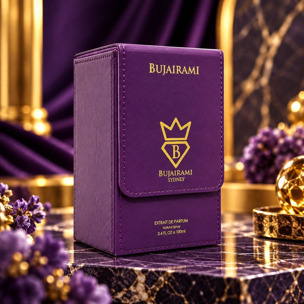 Soghaat Bujairami Ibiza 100ml Extrait de Parfum in a purple leather-textured box with gold branding on a marble base.