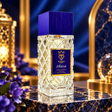 Soghaat Bujairami Ibiza 100ml Extrait de Parfum in a crystal-cut glass bottle with a blue wooden cap.
