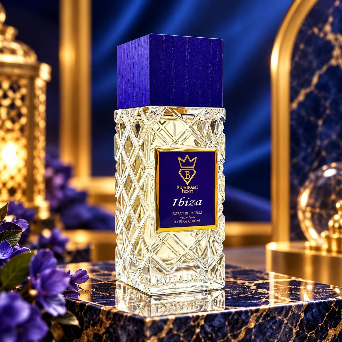 Soghaat Bujairami Ibiza 100ml Extrait de Parfum in a crystal-cut glass bottle with a blue wooden cap.