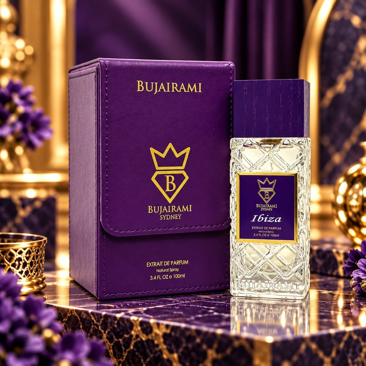 Soghaat Bujairami Ibiza 100ml Extrait de Parfum bottle and purple leather case on a luxurious marble surface.