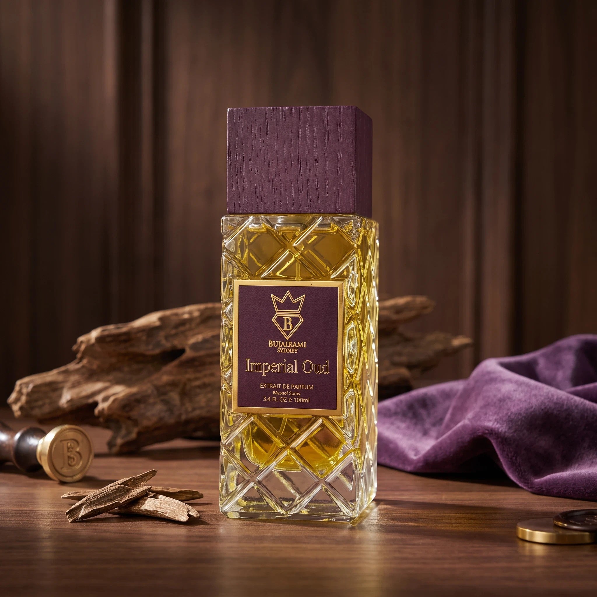 Soghaat Bujairami Imperial Oud Extrait de Parfum in a textured glass bottle with a purple wooden cap on a wood table.