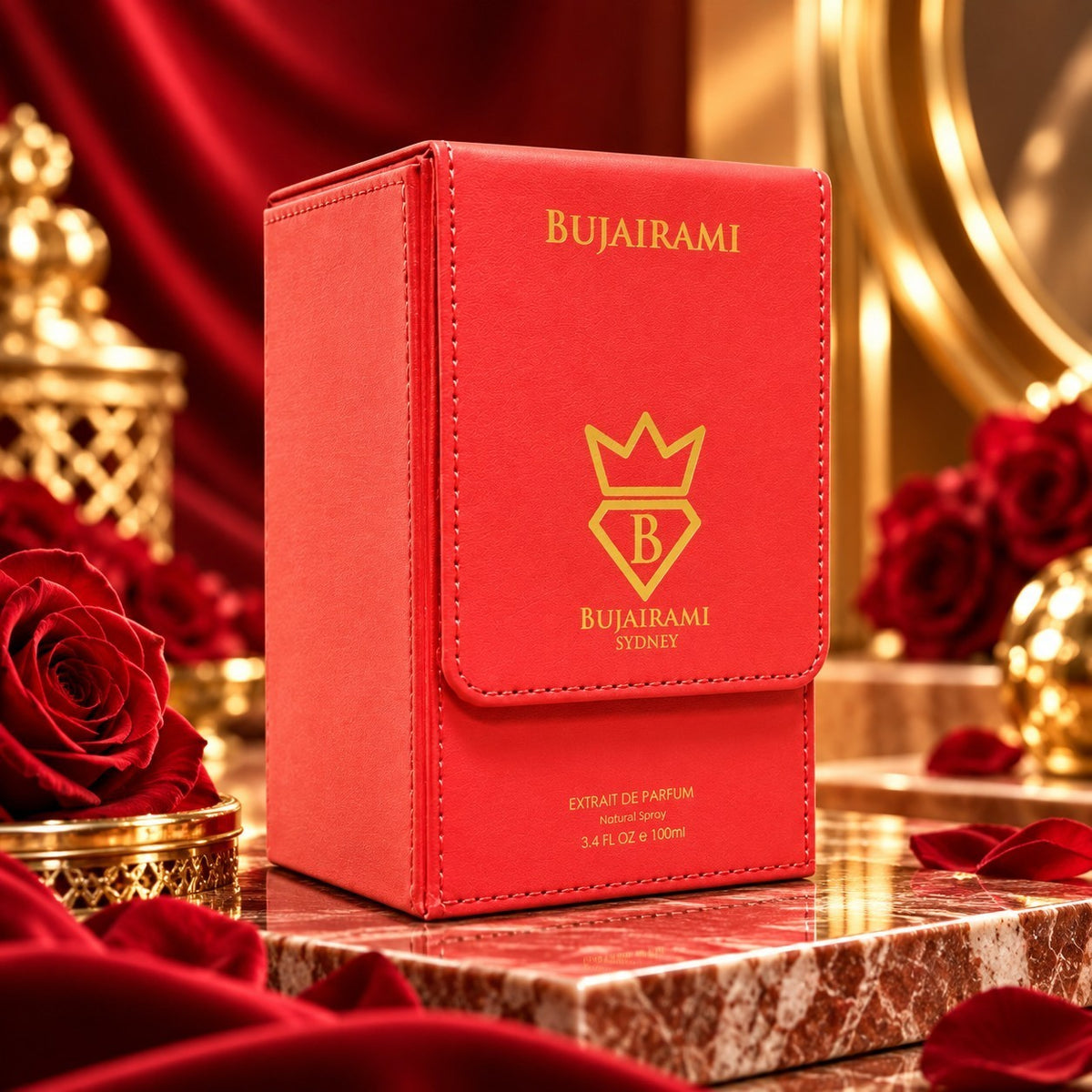 Soghaat Bujairami It's All Roses 100ml Extrait de Parfum in a red leather-textured box surrounded by red roses.