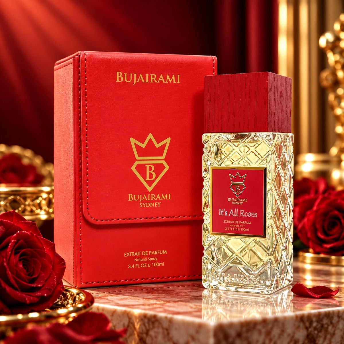 Soghaat Bujairami It's All Roses 100ml Extrait de Parfum in a textured glass bottle with a red box and fresh roses.