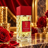 Soghaat Bujairami It's All Roses 100ml Extrait de Parfum in a textured glass bottle with a red cap, set with roses.