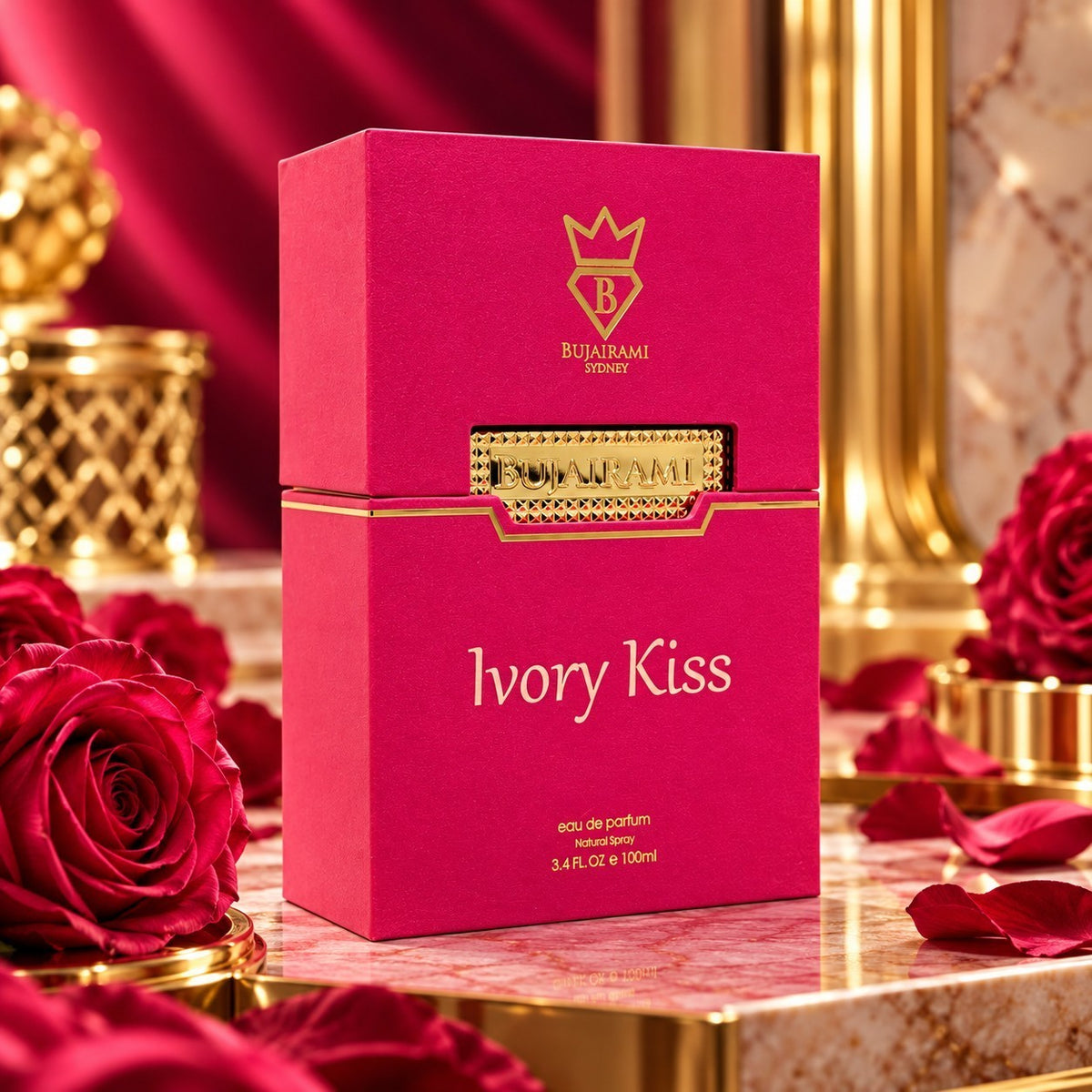 Soghaat Bujairami Ivory Kiss 100ml Eau de Parfum in a vibrant pink box surrounded by red roses on a marble surface.