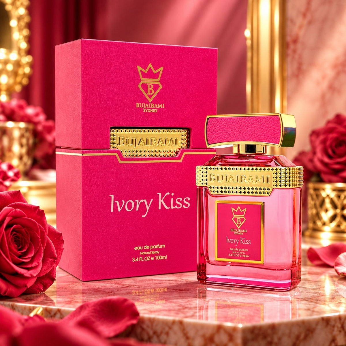 Soghaat Bujairami Ivory Kiss 100ml Eau de Parfum in a vibrant pink bottle and matching box, surrounded by red roses.