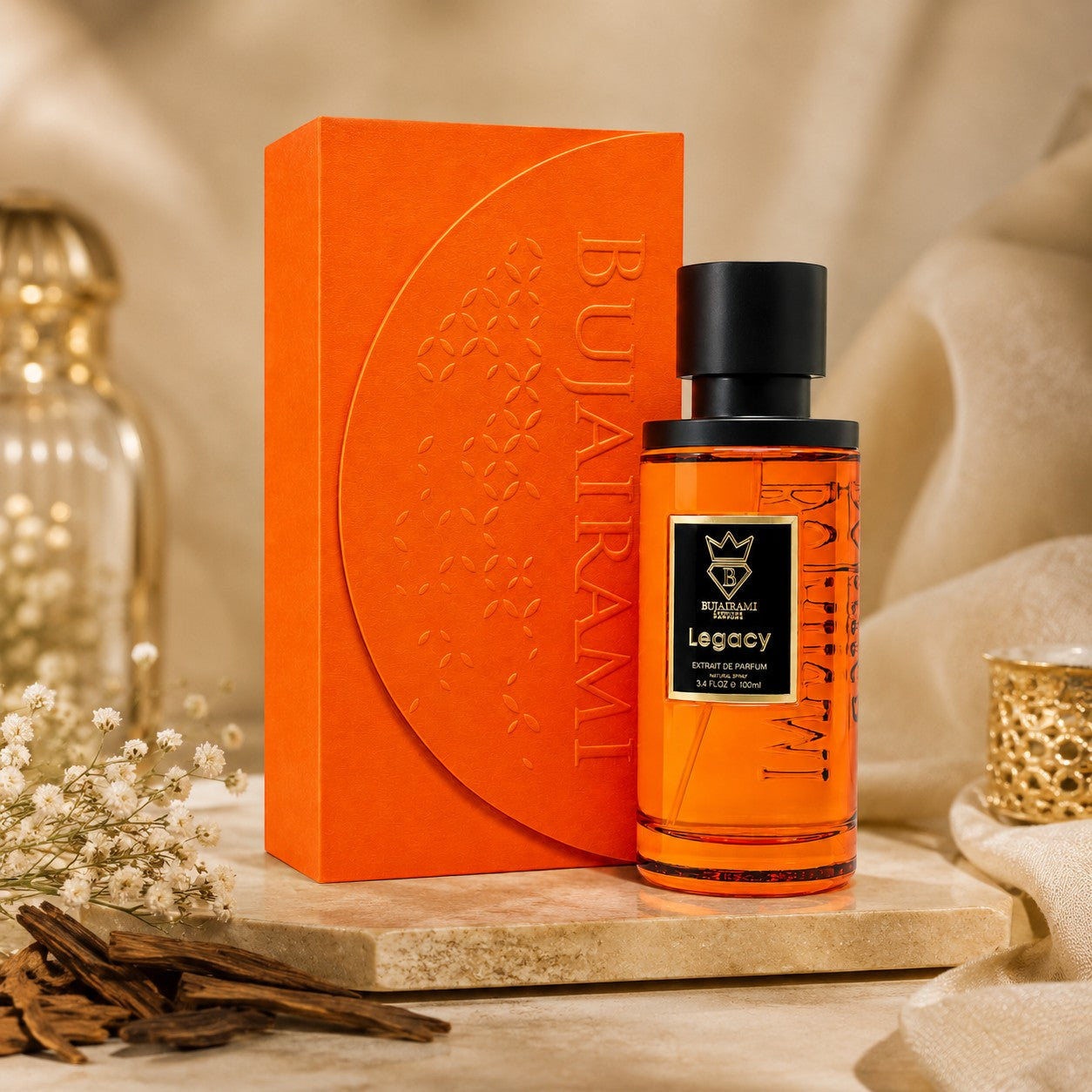 Soghaat Bujairami Legacy 100ml Extrait de Parfum bottle and orange box on a marble surface with dried flowers.