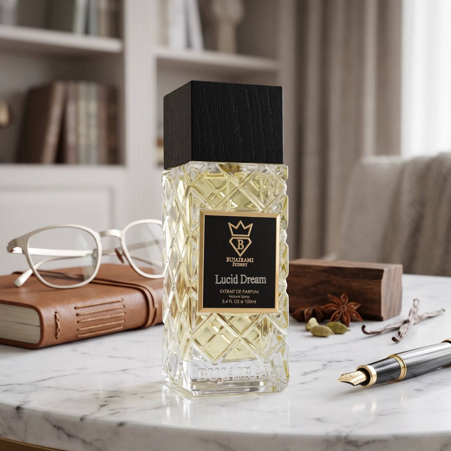 Soghaat Bujairami Lucid Dream 100ml Extrait de Parfum in a textured glass bottle on a marble desk with a fountain pen.