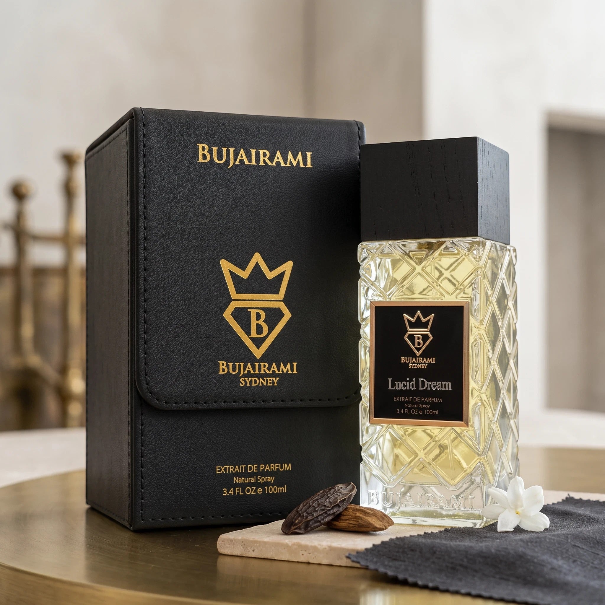 Soghaat Bujairami Lucid Dream 100ml Extrait de Parfum bottle with black leather case, tonka bean, and orange blossom.