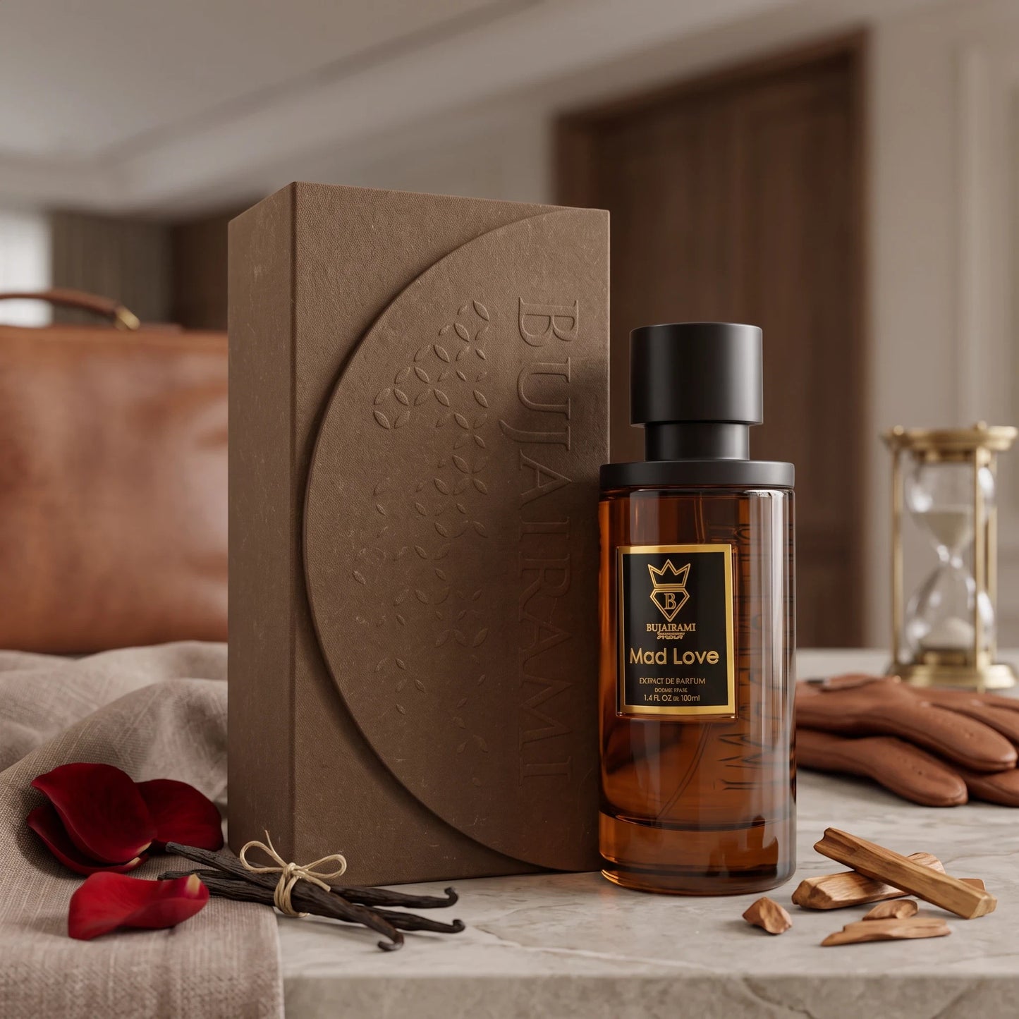 Soghaat Bujairami Mad Love Extrait de Parfum bottle with brown box, rose petals, vanilla beans, and oud wood chips.