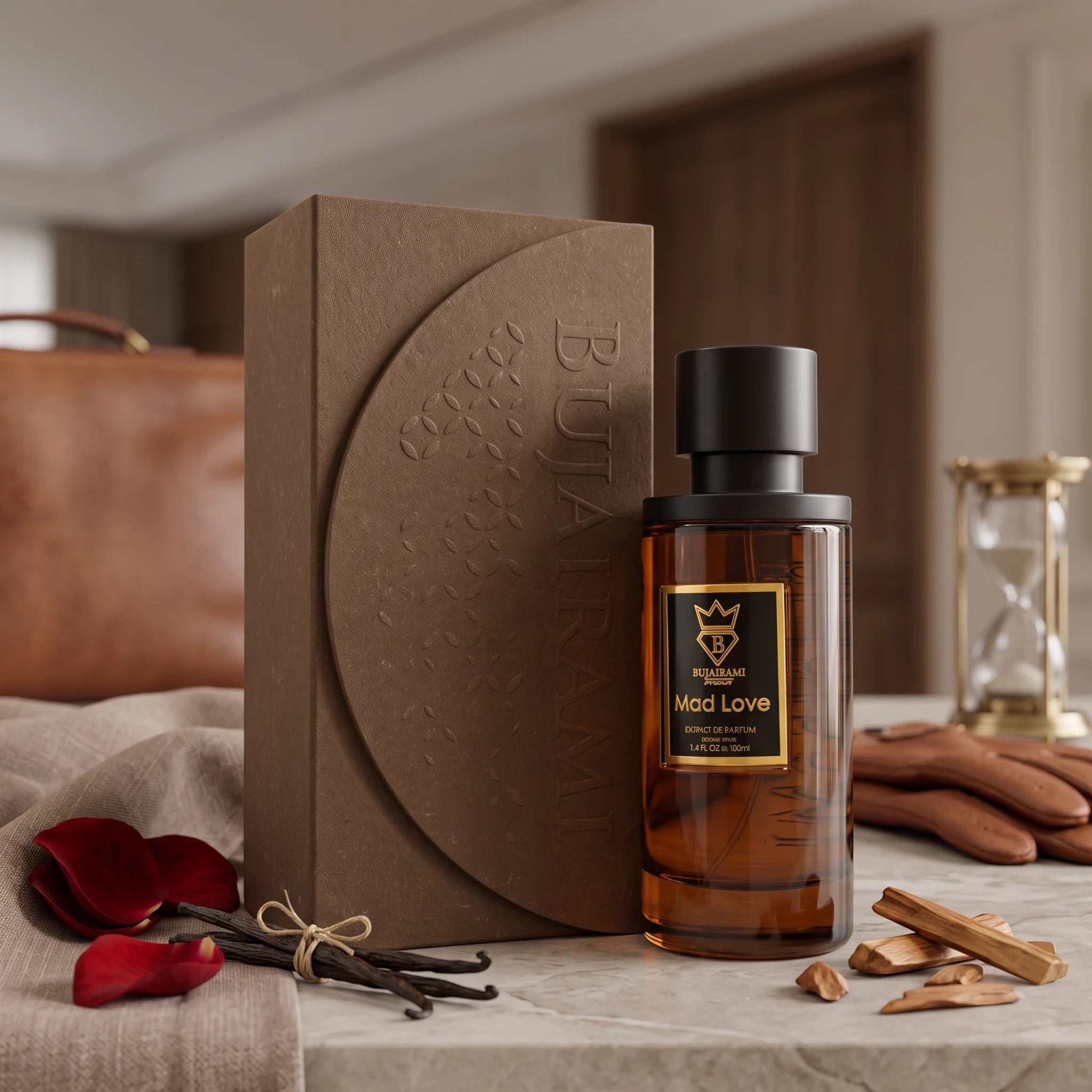 Soghaat Bujairami Mad Love Extrait de Parfum bottle with brown box, rose petals, vanilla beans, and oud wood chips.