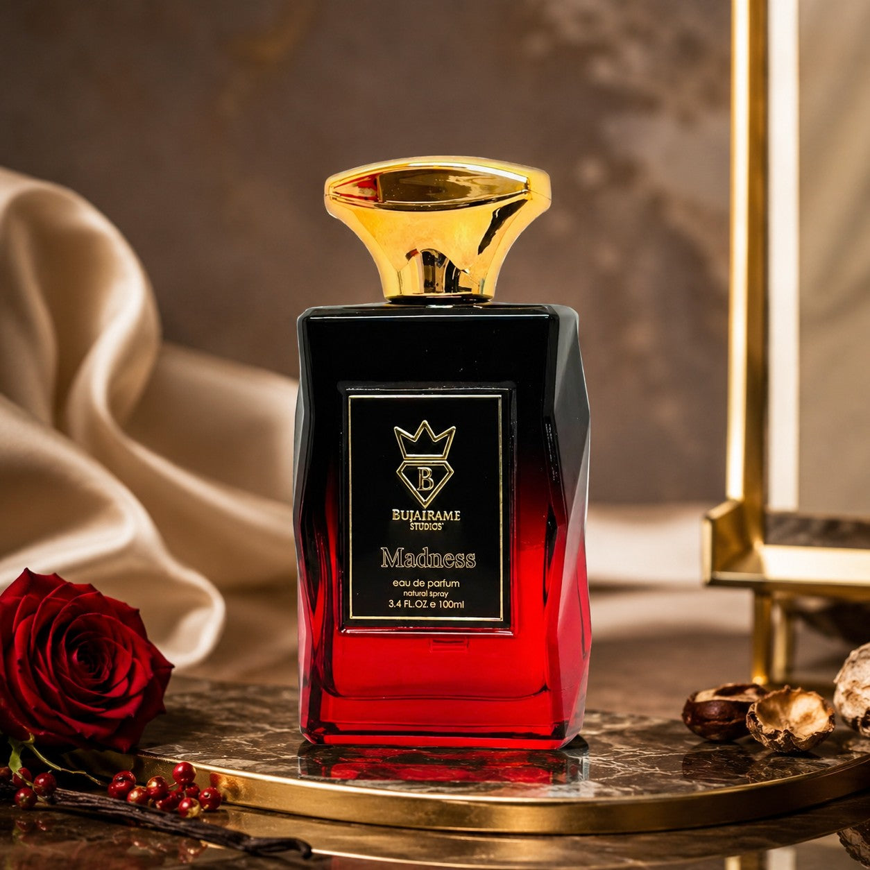 Bujairami Madness Eau de Parfum 100ml, a unisex fragrance with a black and red gradient glass bottle and gold cap.