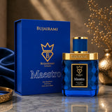 Soghaat Bujairami Maestro 100ml unisex Eau de Parfum in a vibrant blue glass bottle with gold accents and gift box.