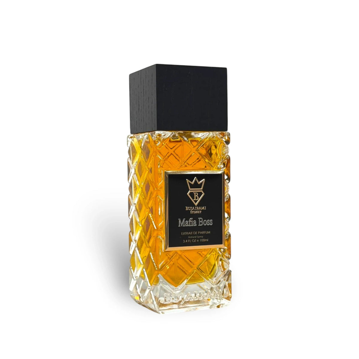 Soghaat Bujairami Mafia Boss 100ml Extrait de Parfum in a textured glass bottle with a black wooden cap.