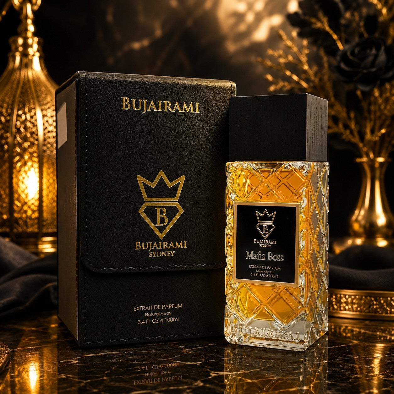 Soghaat Bujairami Mafia Boss Extrait de Parfum bottle and black leather case on a dark, luxurious gold-lit surface.