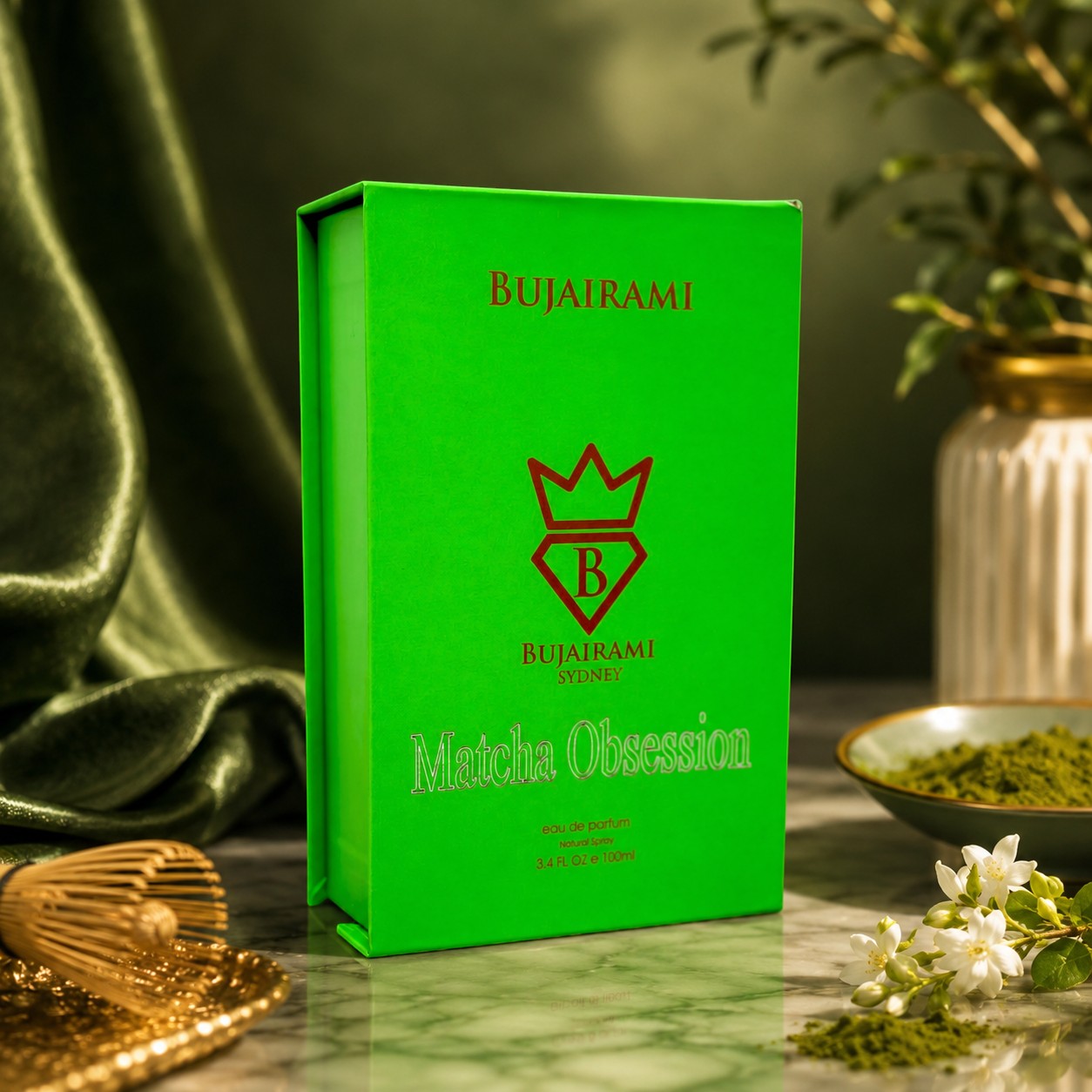 Soghaat Bujairami Matcha Obsession unisex Eau de Parfum in a vibrant green box with matcha tea and bamboo whisk.