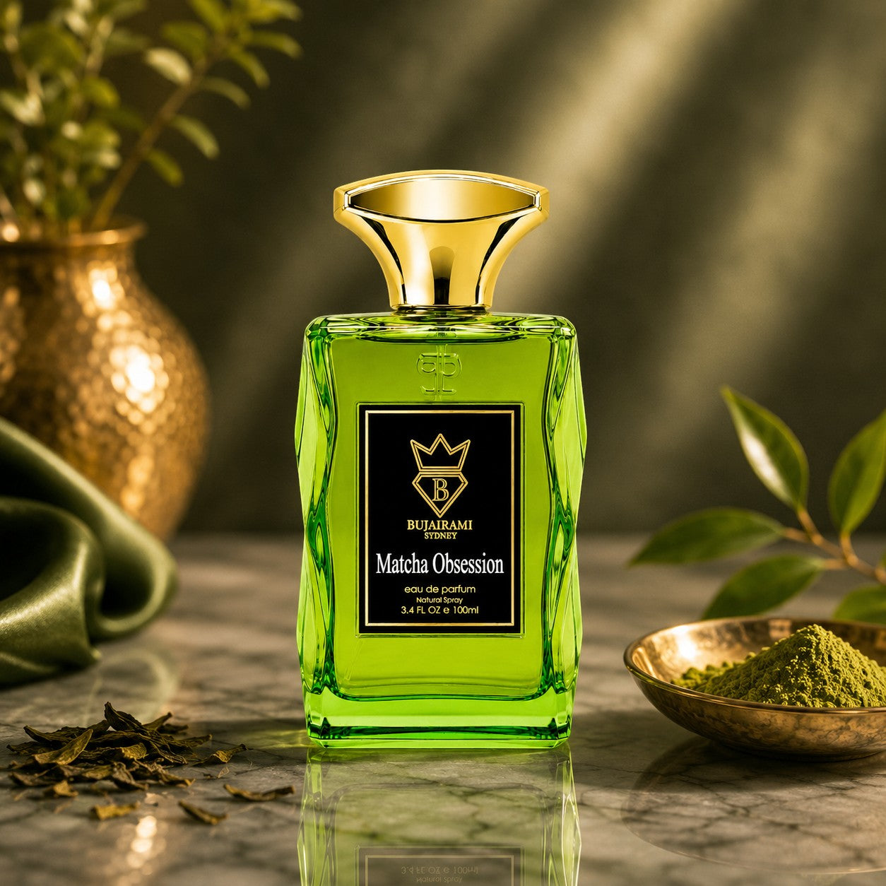 Soghaat Bujairami Matcha Obsession 100ml Eau de Parfum in a vibrant green glass bottle with a gold cap on marble.