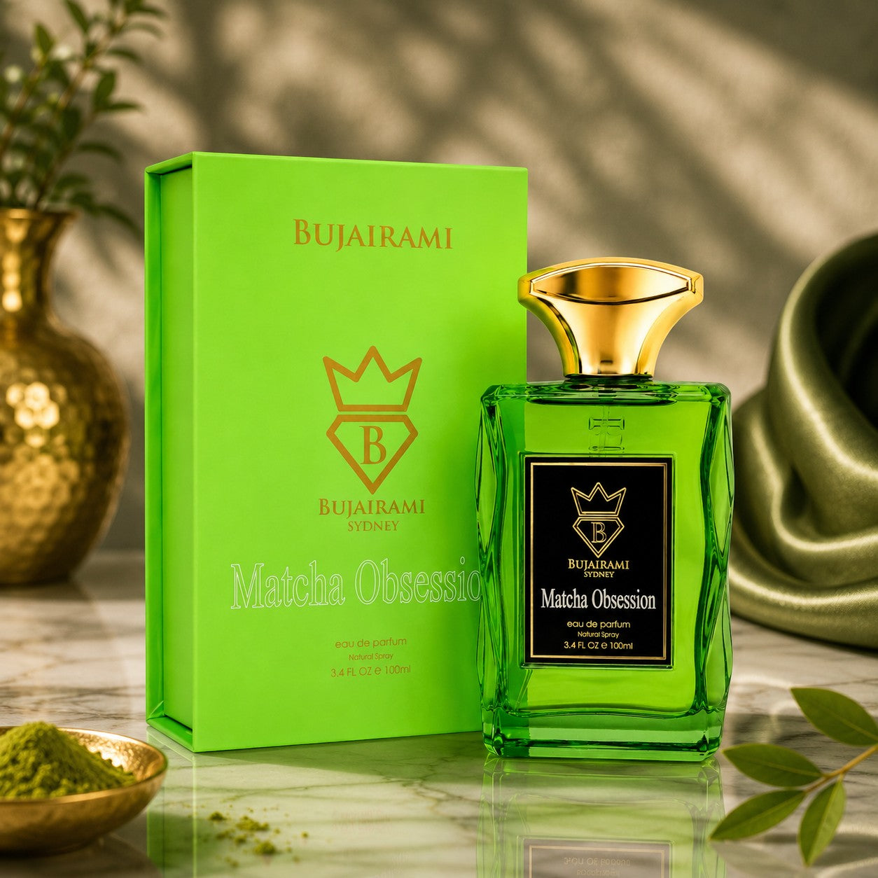 Soghaat Bujairami Matcha Obsession 100ml unisex Eau de Parfum in a bright green glass bottle with gold cap and box.