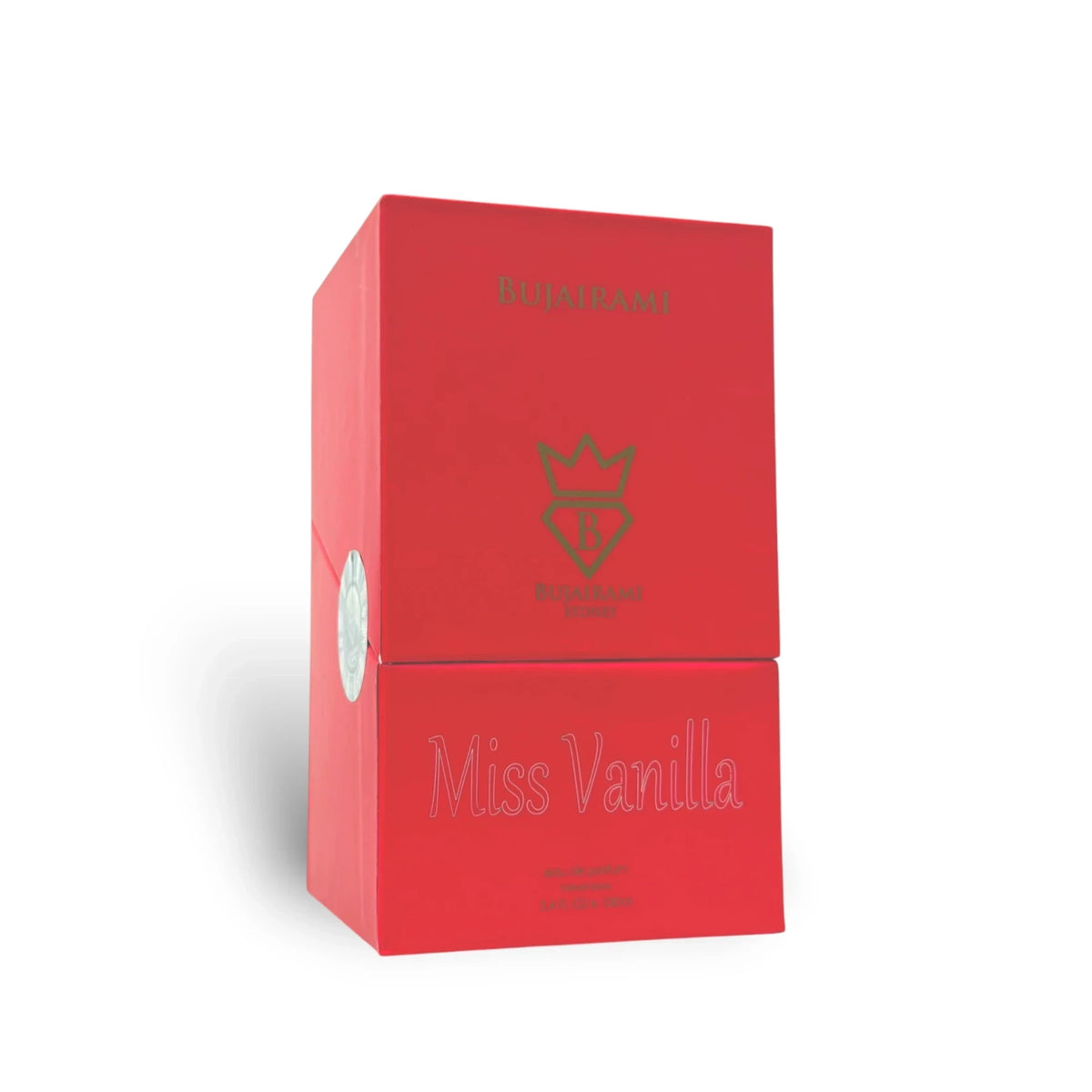 Soghaat BUJAIRAMI SYDNEY Miss Vanilla extrait de parfum in a vibrant red box with gold branding and emblem.