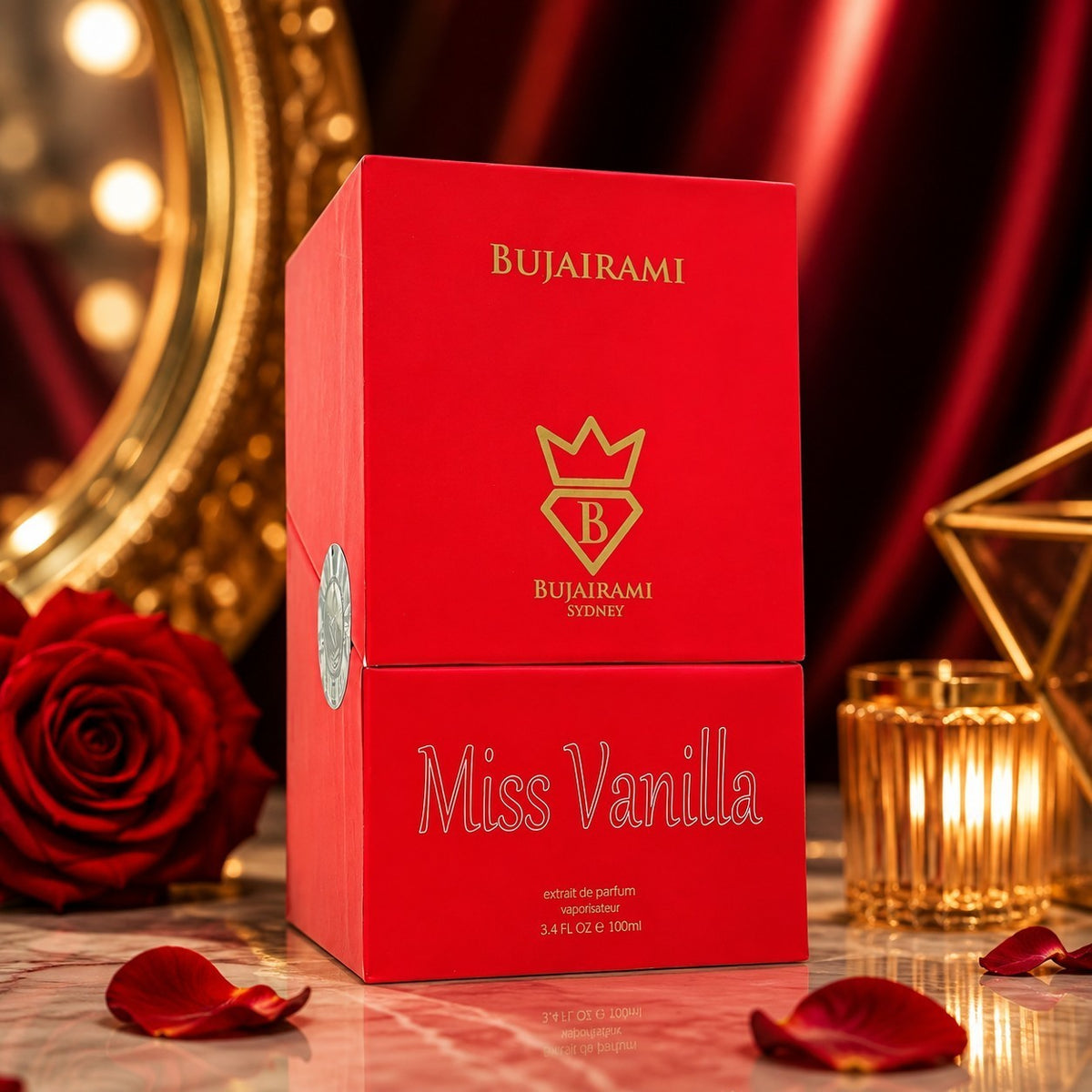Soghaat BUJAIRAMI Miss Vanilla extrait de parfum in a red leather-wrapped box with gold branding on a marble surface.