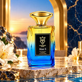 Soghaat Bujairami Muse X 100ml Eau de Parfum in a gradient yellow and blue glass bottle against a sunset backdrop.