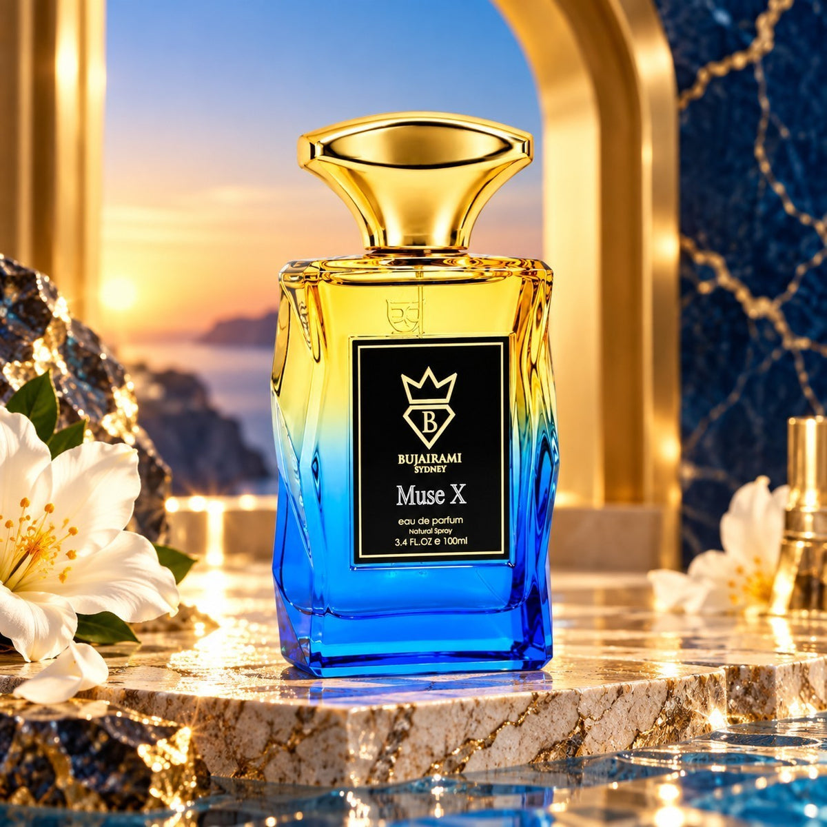 Soghaat Bujairami Muse X 100ml Eau de Parfum in a gradient yellow and blue glass bottle against a sunset backdrop.