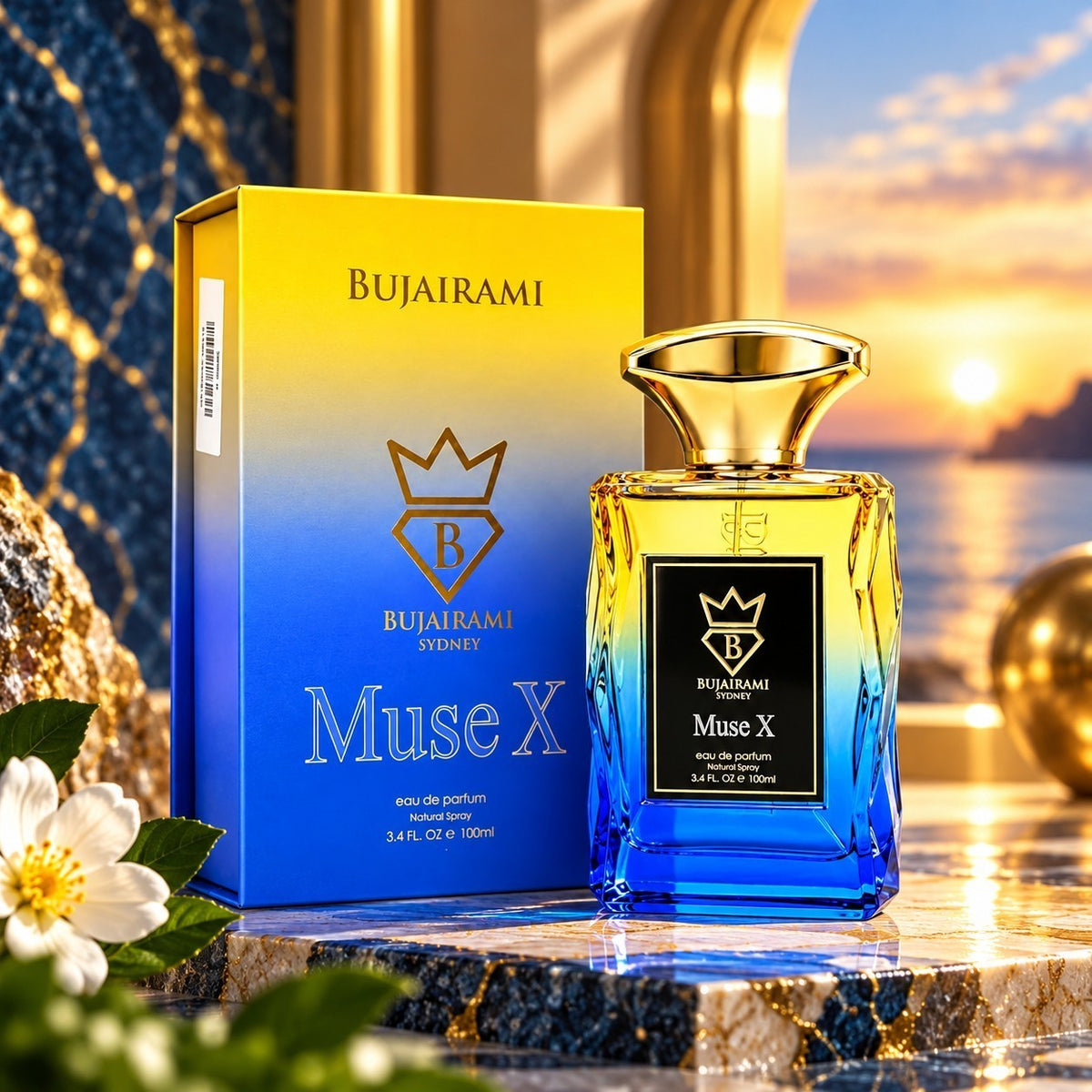 Soghaat Bujairami Muse X 100ml Eau de Parfum bottle and box with blue and yellow gradient, set against a sunset backdrop.