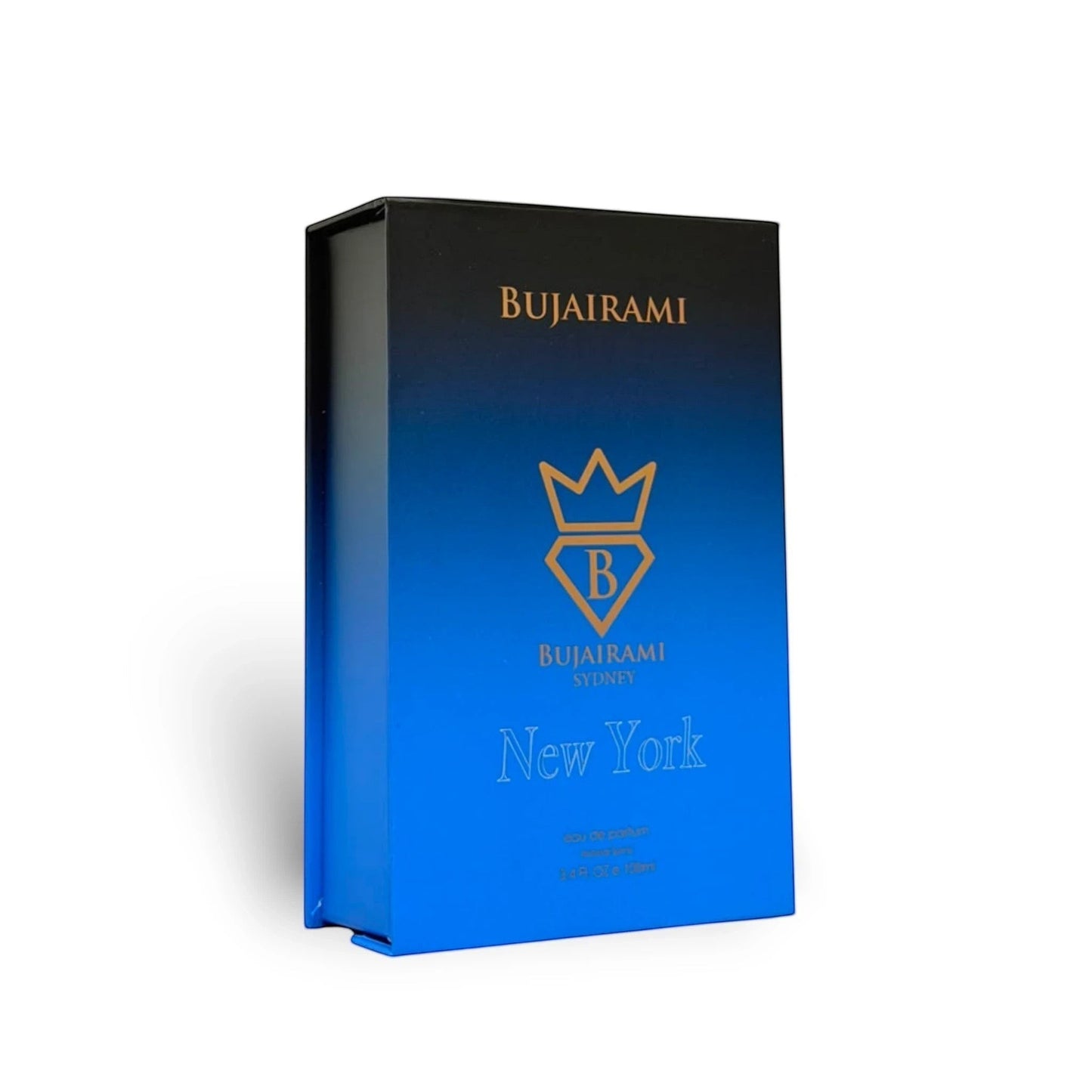 Bujairami New York Eau de Parfum 100ml bottle with blue and black gradient box, featuring gold crown logo.