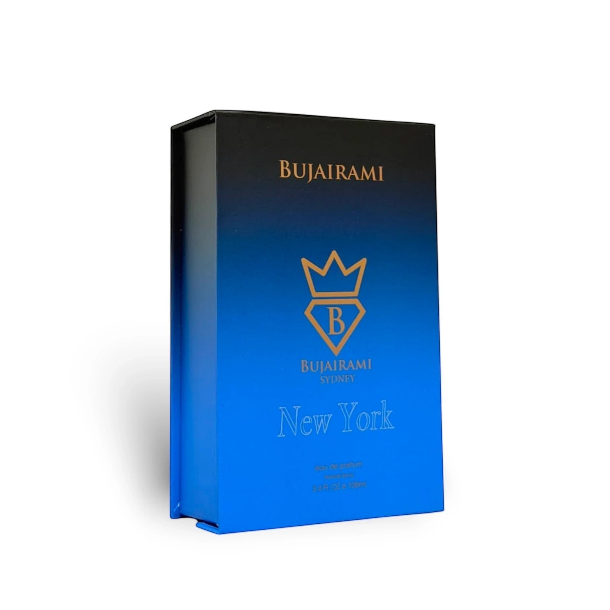 Bujairami New York Eau de Parfum 100ml bottle with blue and black gradient box, featuring gold crown logo.