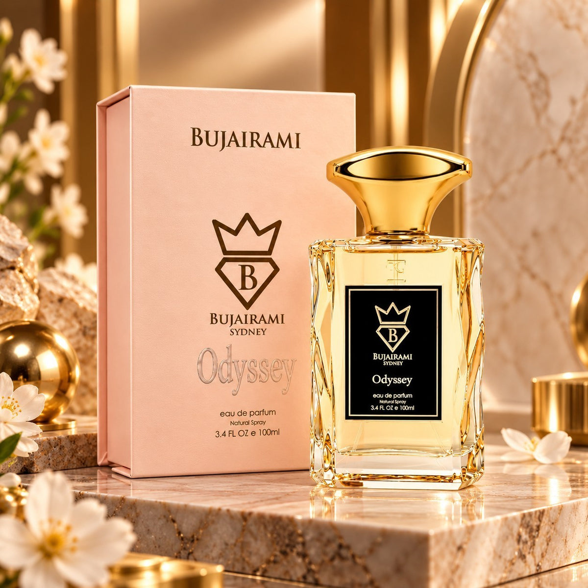 Soghaat Bujairami Odyssey 100ml Eau de Parfum bottle and pink box on a marble surface with floral accents.