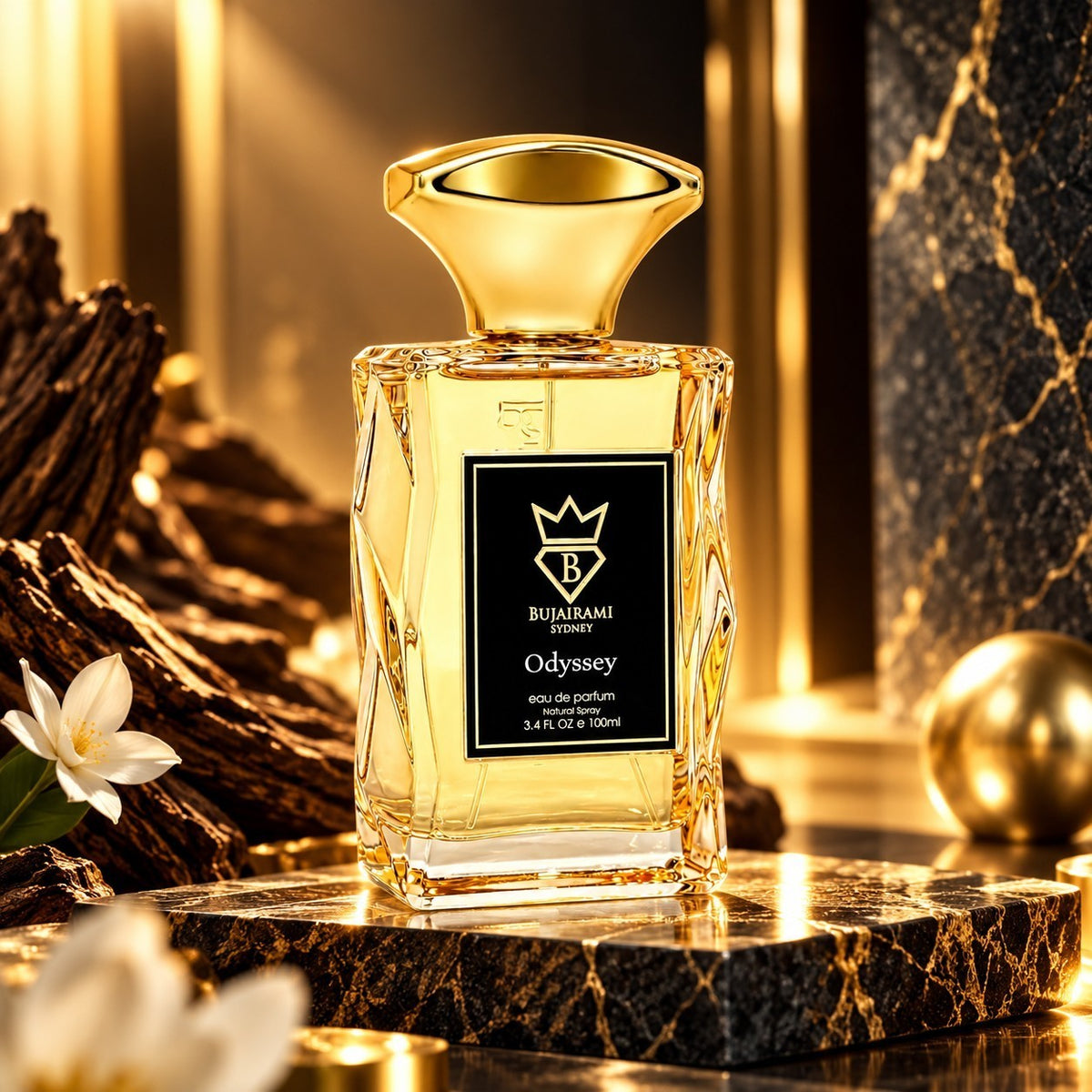 Soghaat Bujairami Odyssey 100ml Eau de Parfum in a faceted glass bottle with a gold cap on a marble pedestal