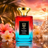 Soghaat Bujairami Pearadise 100ml Eau de Parfum bottle with red and blue gradient glass, gold cap, and tropical floral decor.