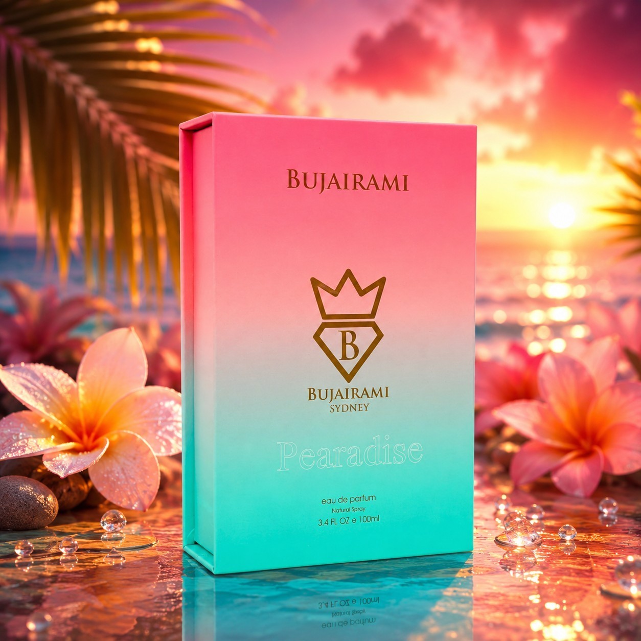 Soghaat Bujairami Pearadise 100ml Eau de Parfum bottle in a pink and teal gradient box on a tropical beach at sunset.