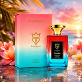 Soghaat Bujairami Pearadise Eau de Parfum bottle and box with a sunset beach background and tropical flowers.
