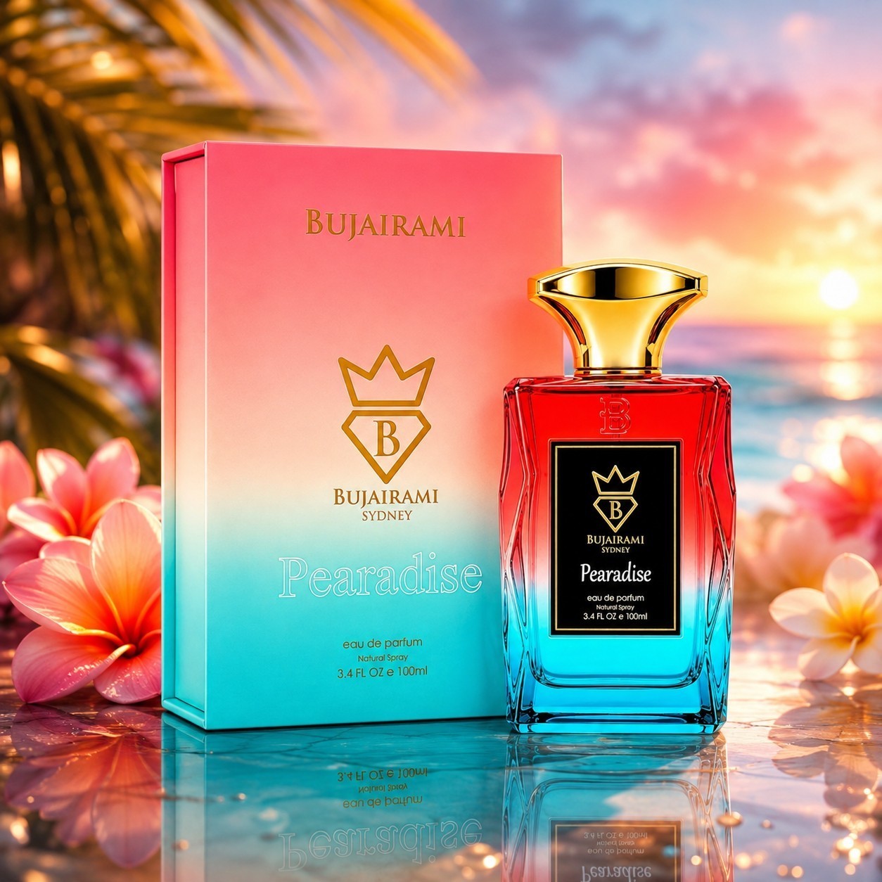 Soghaat Bujairami Pearadise Eau de Parfum bottle and box with a sunset beach background and tropical flowers.