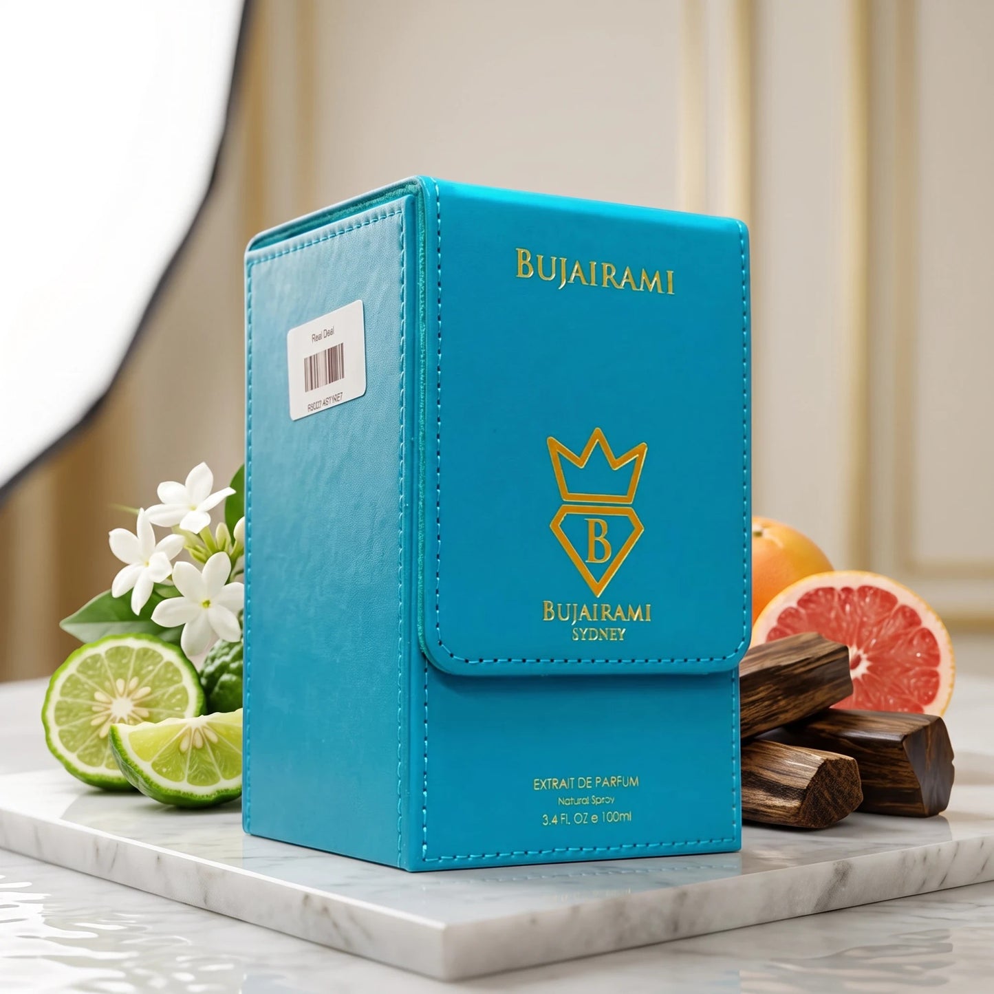 Soghaat Bujairami Real Deal Extrait de Parfum in a vibrant blue leather-style case with citrus and wood accents.