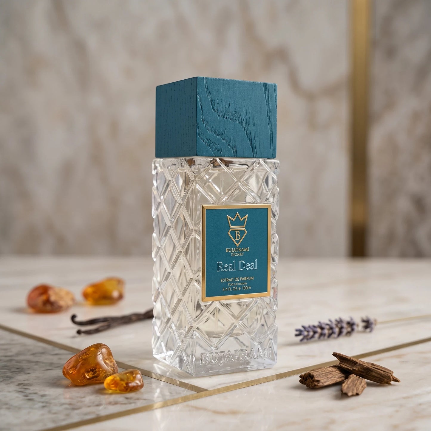 Soghaat Bujairami Real Deal 100ml Extrait de Parfum in a textured glass bottle with a teal wood cap on a marble surface.