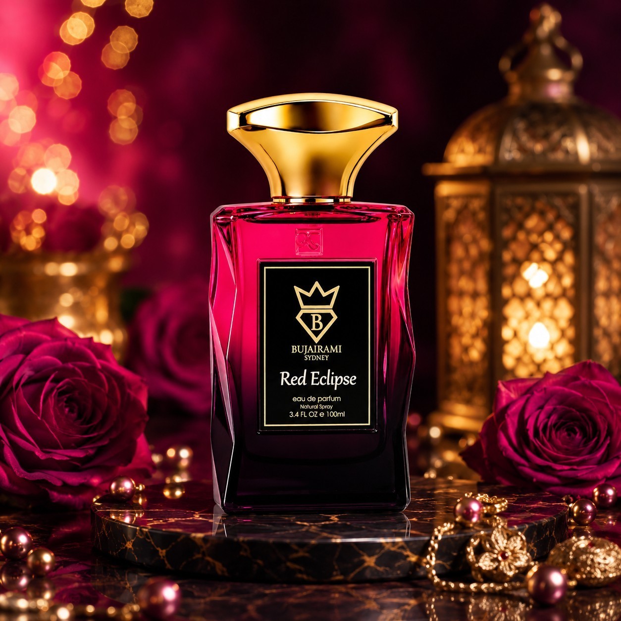Soghaat Bujairami Red Eclipse 100ml unisex Eau de Parfum bottle in a luxurious setting with roses and a golden lantern.