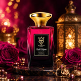 Soghaat Bujairami Red Eclipse 100ml unisex Eau de Parfum bottle in a luxurious setting with roses and a golden lantern.