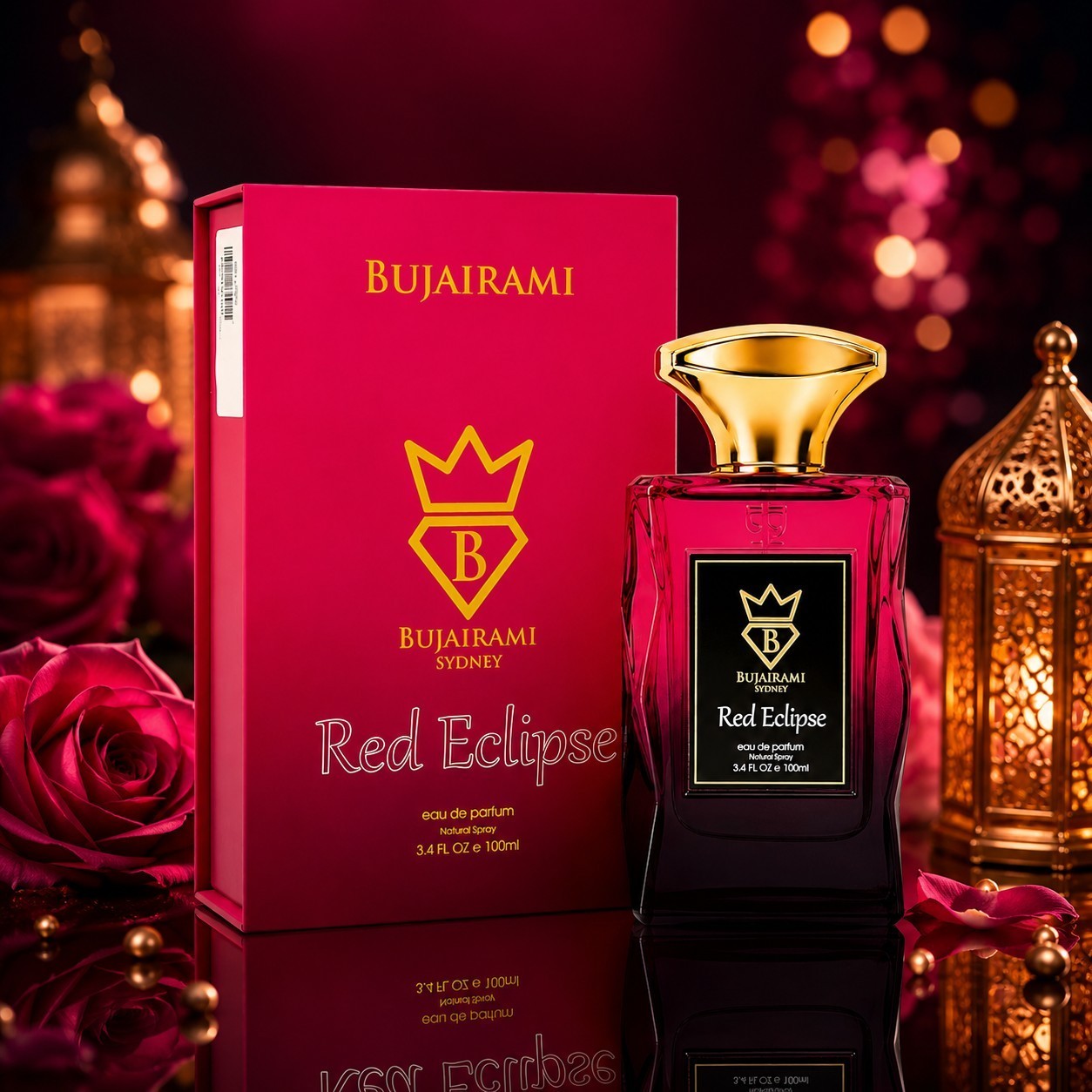 Soghaat Bujairami Red Eclipse 100ml Eau de Parfum bottle and red box, surrounded by roses and lanterns.