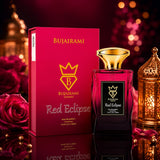 Soghaat Bujairami Red Eclipse 100ml Eau de Parfum bottle and red box, surrounded by roses and lanterns.