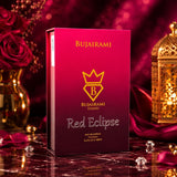 Soghaat Bujairami Red Eclipse 100ml Eau de Parfum box in a luxurious setting with red roses and a golden lantern.