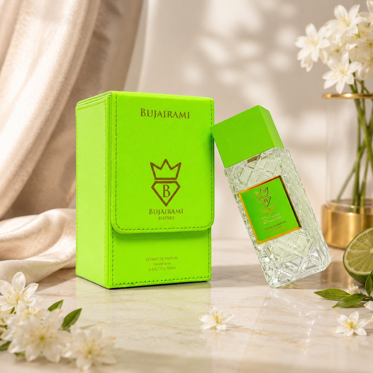 Bujairami Rizz Extrait de Parfum 100ml bottle with a bright green case, featuring citrus and spice notes.