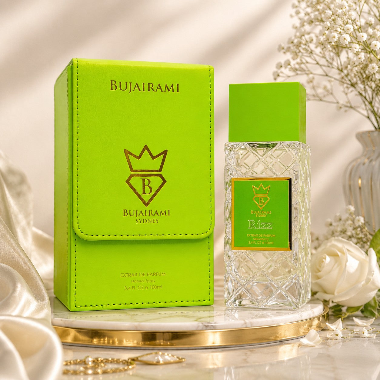 Bujairami Rizz Extrait de Parfum 100ml, a unisex fragrance with citrus, spice, and woody notes, presented in a clear glass bottle with a lime green cap and box.