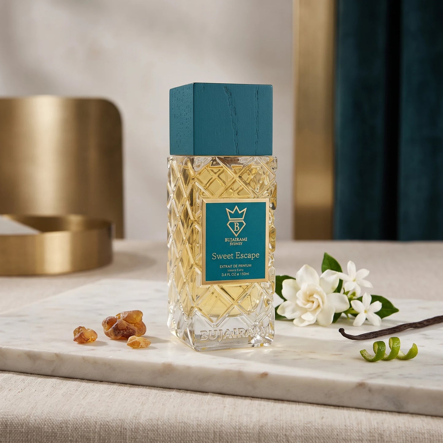 Soghaat Bujairami Sweet Escape Extrait de Parfum in a textured glass bottle with a teal cap on a marble surface.
