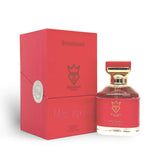 Soghaat BUJAIRAMI SYDNEY Miss Vanilla perfume bottle with red leather wrap and gold cap next to its matching red box
