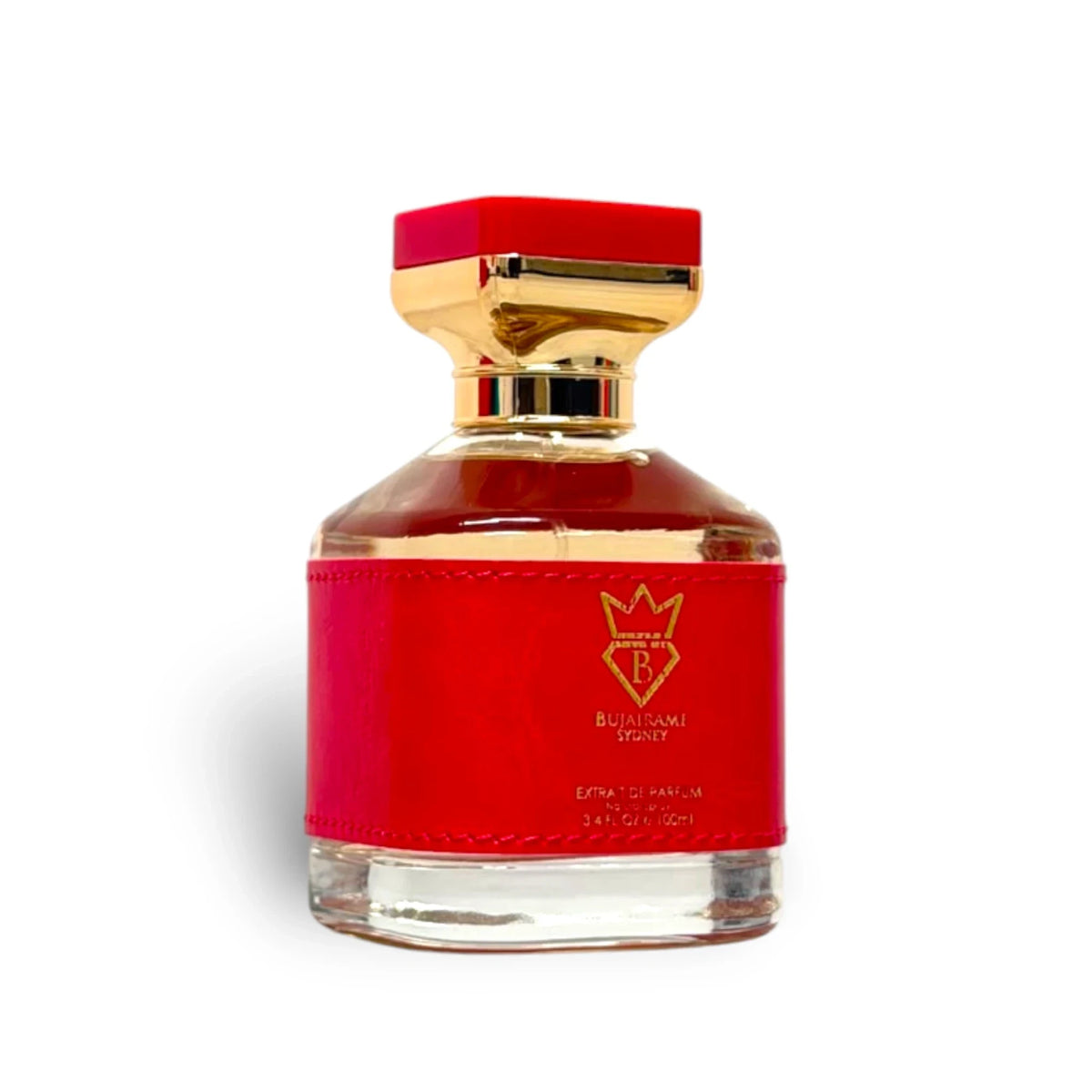 Soghaat BUJAIRAMI SYDNEY Miss Vanilla perfume in a red leather-wrapped glass bottle with gold hardware and logo.