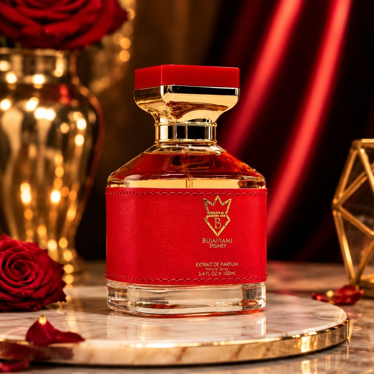 Soghaat BUJAIRAMI SYDNEY Miss Vanilla perfume in a red leather-wrapped bottle with gold accents on a marble surface.